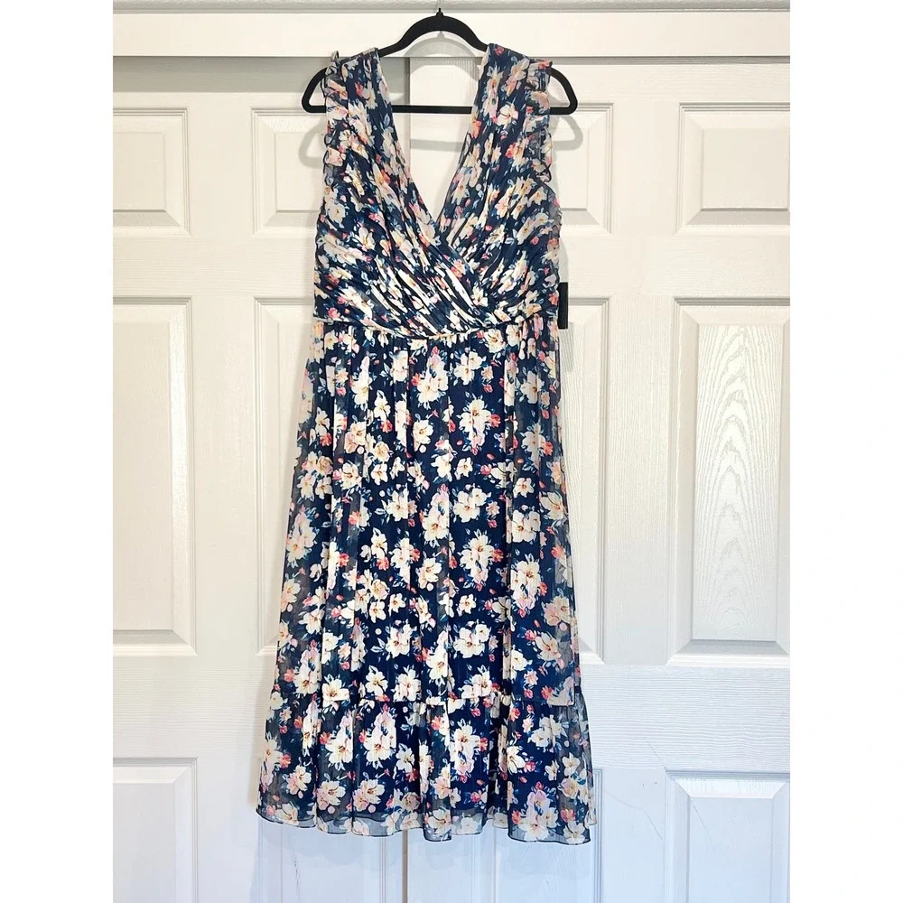 NEW IEENA Mac Duggal Sz 16 Floral Print Navy Blue V Neck Semi Formal Midi Dress